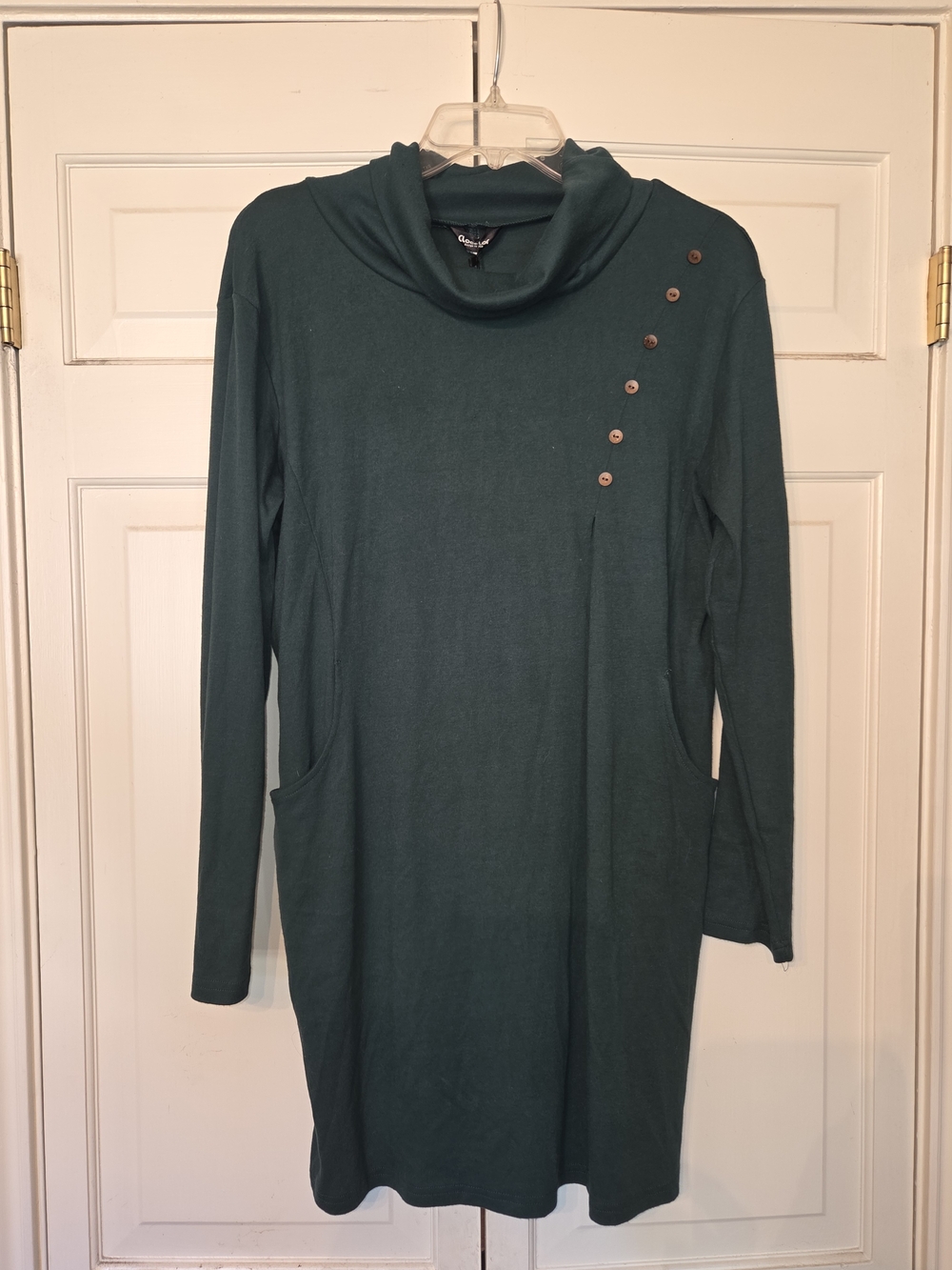 Cowl Neck Long Sleeve Tunic Dress with Button Detail - Teal